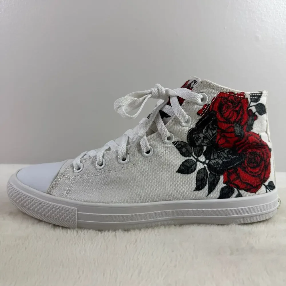White High-Top Athletic Sneaker with Red Rose Graphic
